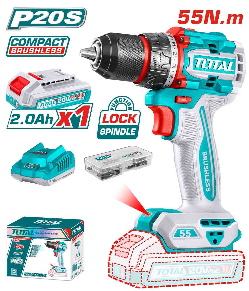 Cordless Drill 20V 13mm + 2.Ah Battery & Charger