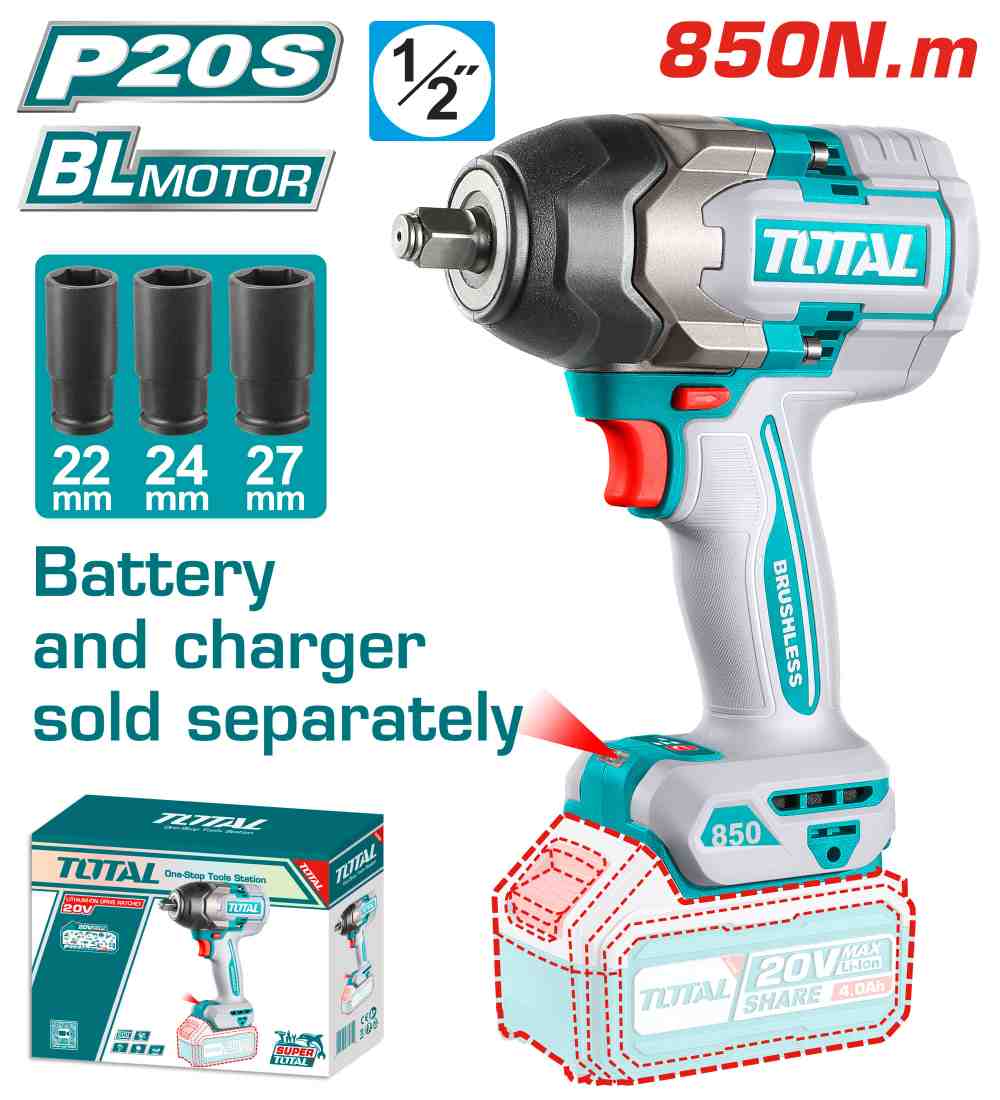 Lithium-Ion Cordless Impact Wrench 1/2" 850Nm Brushless Motor