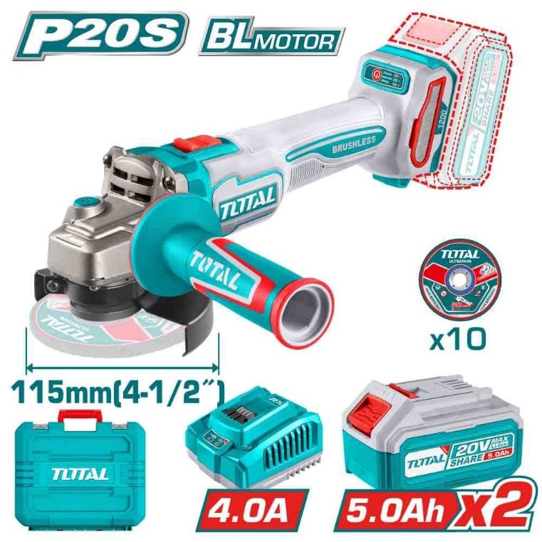 Cordless angle grinder with 2 batteries, charger and cutting disks