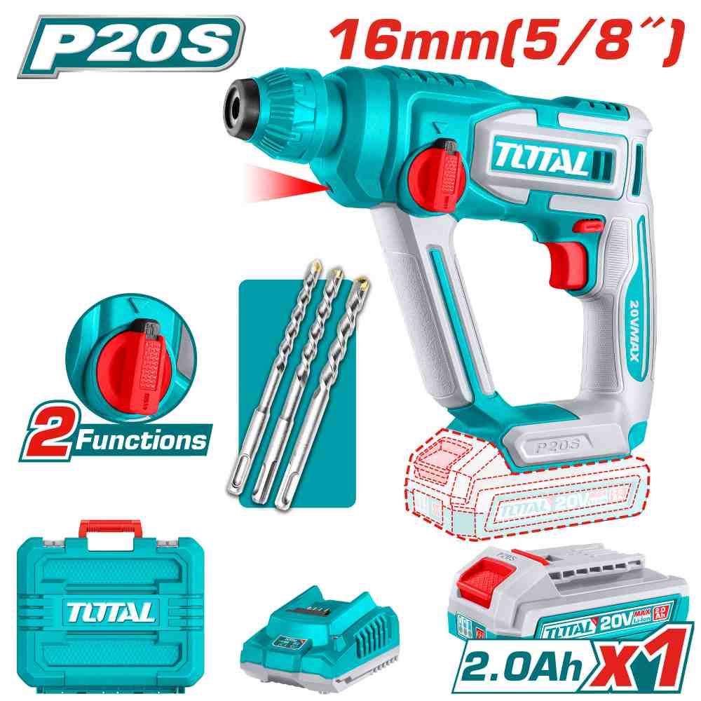Cordless rotary hammer with battery, charger, accessories 16mm