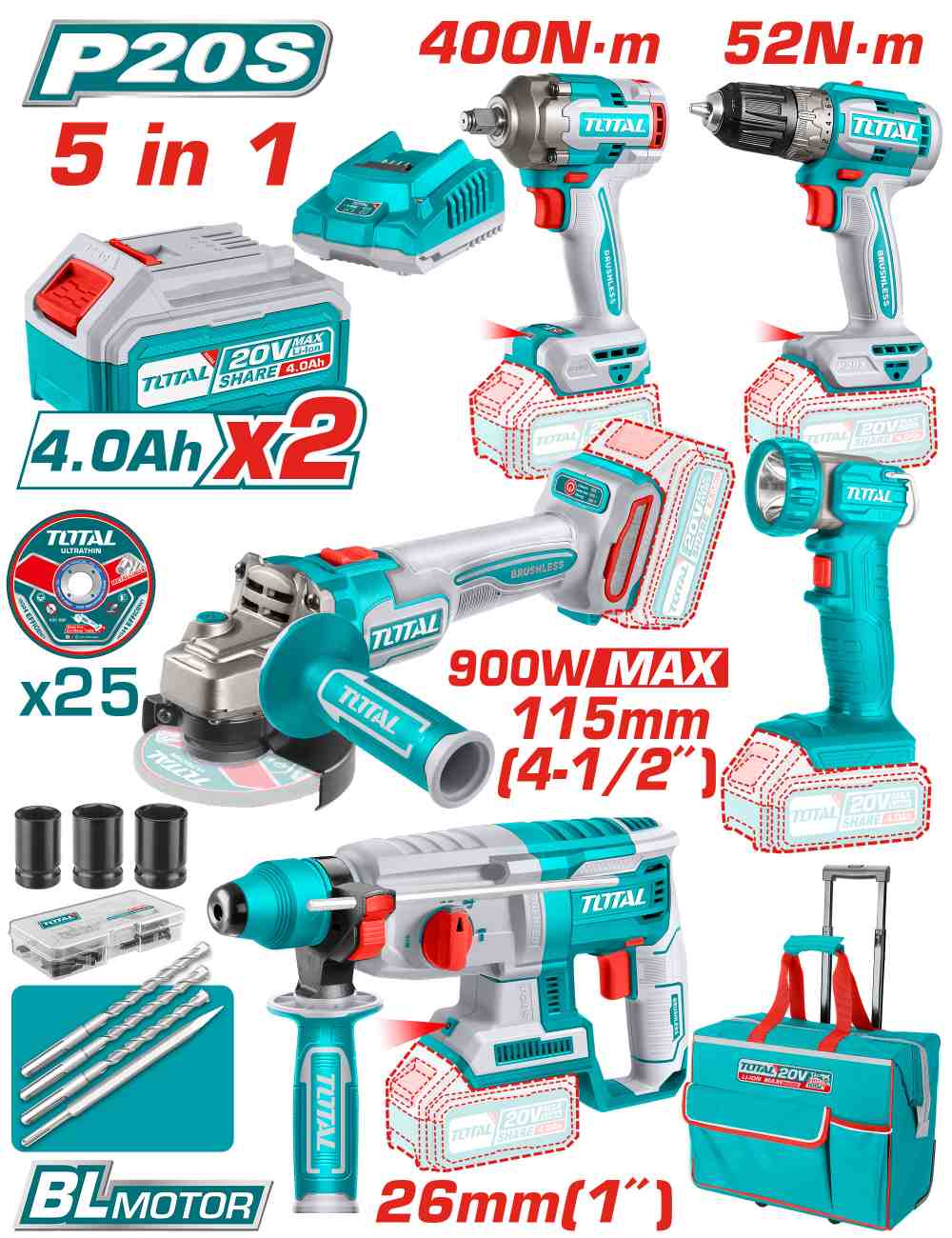 Cordless Impact Wrench + Drill + Rotary Hammer + Angle Grinder+ Work lamp 20V Set